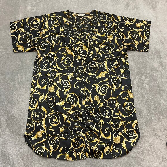 Vintage Vanity Fair Nightgown Womens XL Black and Gold Button Front 90s - Picture 1 of 9